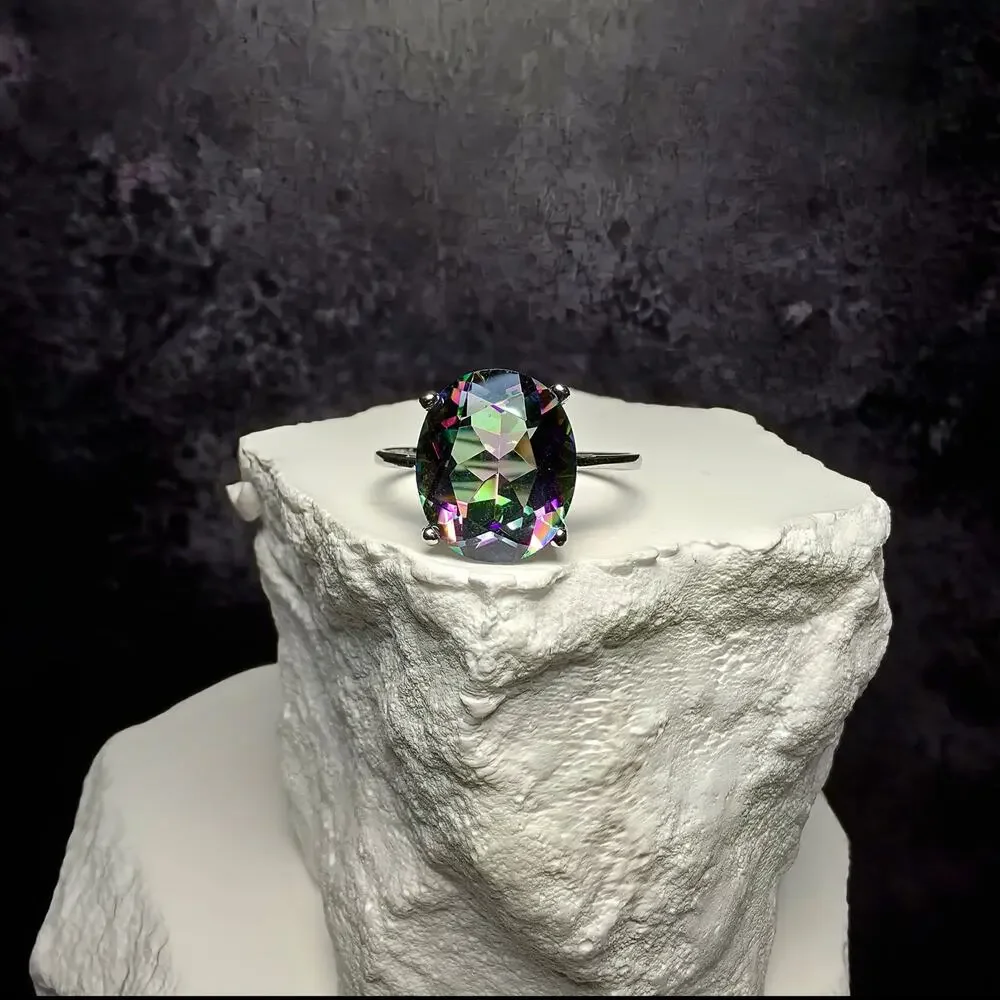 Genuine Oval Mystic Topaz Solitaire Ring in 925 Sterling Silver – Size 8
